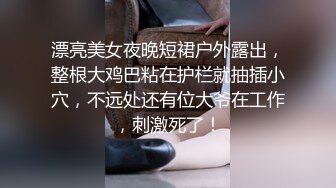 漂亮美女夜晚短裙户外露出，整根大鸡巴粘在护栏就抽插小穴，不远处还有位大爷在工作，刺激死了！